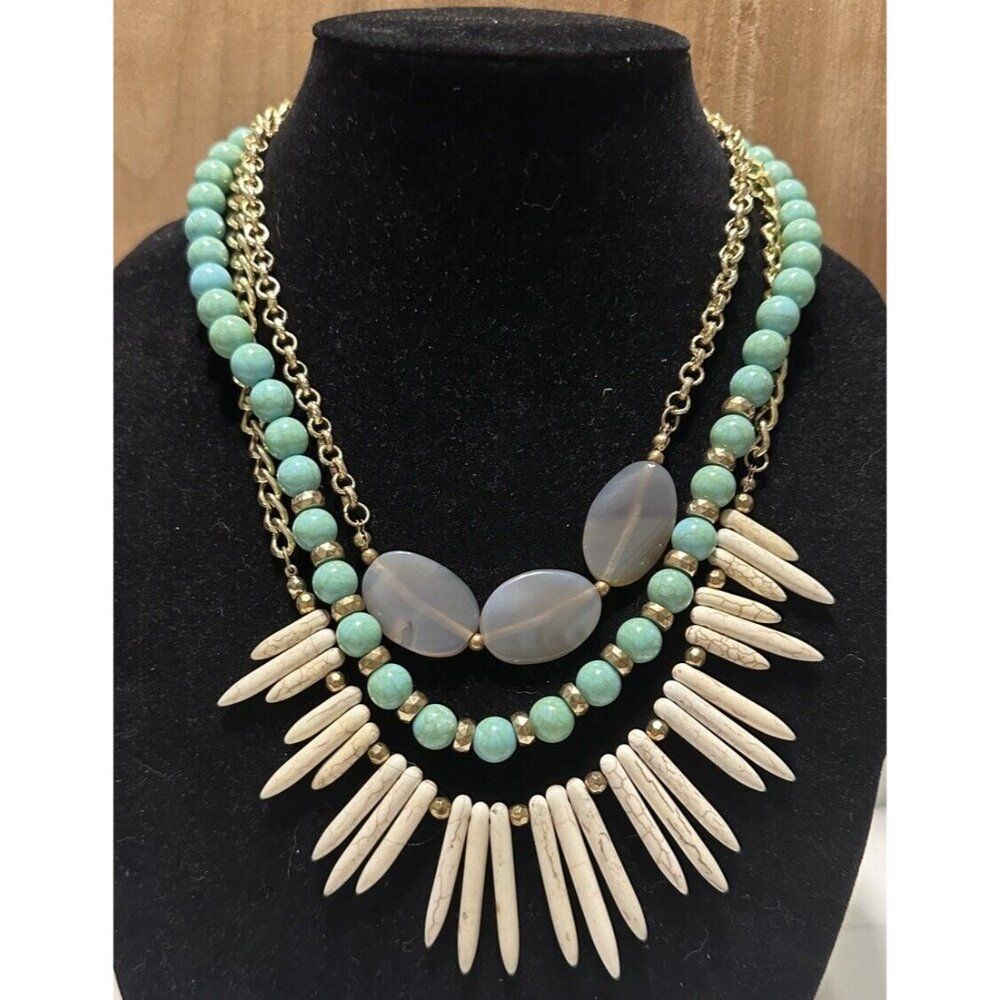 Multistrand Gold Tone Faux White Turquoise Spike Beaded Statement Necklace